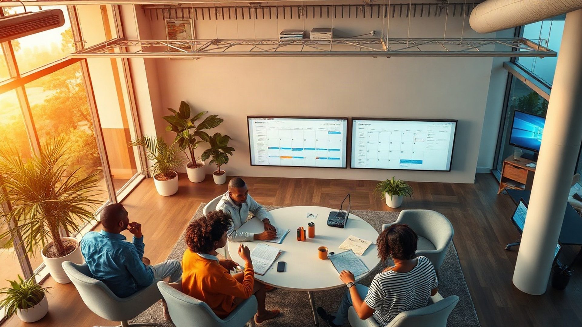 Diverse team collaborating around a content calendar in a Nairobi office
