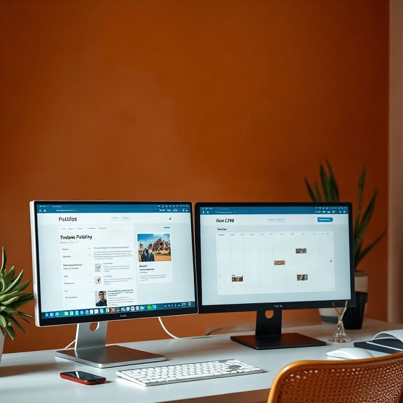 Dual monitor setup showing a CMS publishing interface and scheduling tool