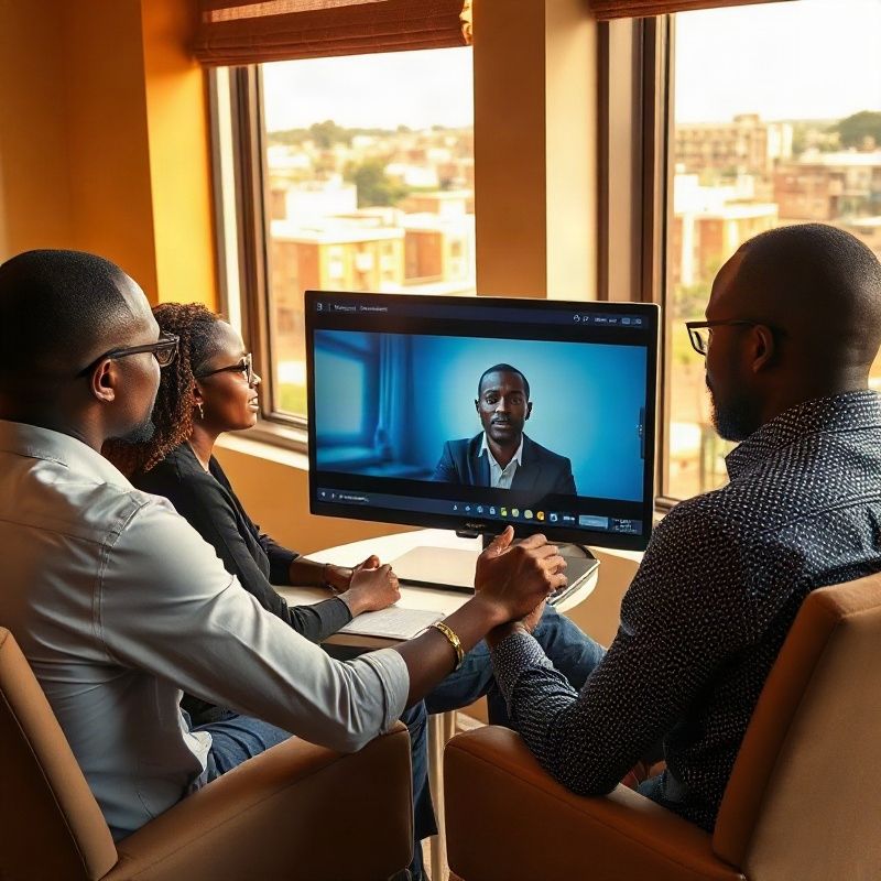 Small team gathered around a screen during a virtual training session