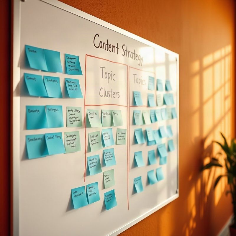 Content strategy whiteboard covered in topic clusters and editorial pillars