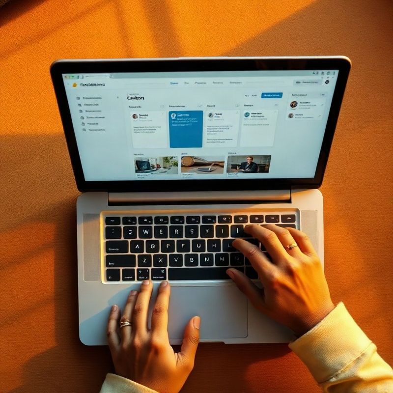 Overhead view of a Kanban-style content pipeline on a laptop screen