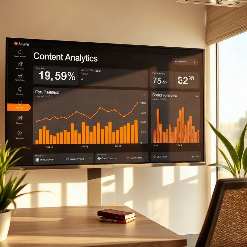 Content analytics dashboard on a monitor showing performance by pillar